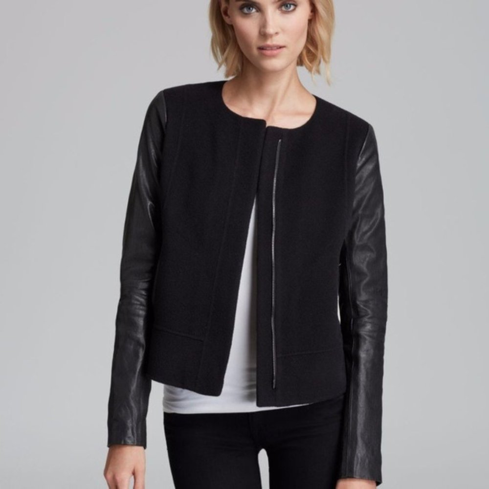 Vince wool and leather contrast cropped fitted moto zip structured bomber jacket